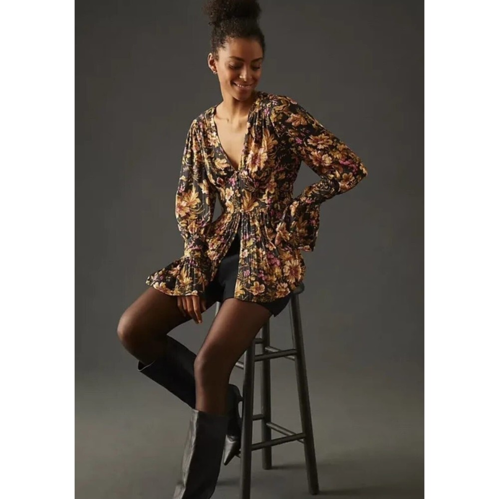 Anthropologie - Deep-V Tunic Top Floral Blouse Corset Peplum Long Sleeve - XL